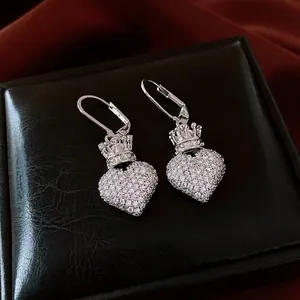 Boucles D'oreilles Pendentif Coeur En Cuivre Avec Couronne Sertie De Zircon Leverback Couleur Argent Bijoux Luxe Pour Femme
