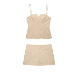 Schickes Nadelstreifen Camisole Top Und Minirock Polyester Ärmellos V Ausschnitt Sexy Hot Girl Sommer Outfit Elegant