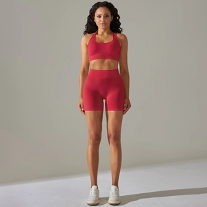 Dettaglio del set fitness bordeaux senza cuciture con reggiseno e pantaloncini a coste