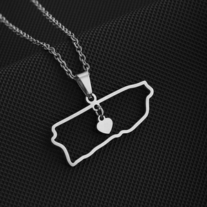 Silver stainless steel Pennsylvania map outline necklace with small heart pendant