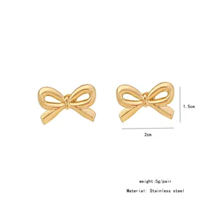 Size detail and material specs of golden bow earrings in durable stainless steel