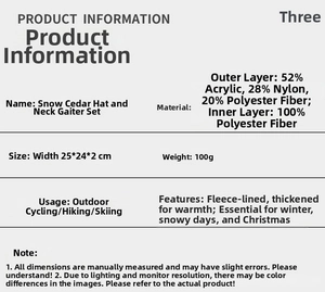 Detailed material specifications for Cedar Pine winter hat and scarf set with fleece lining