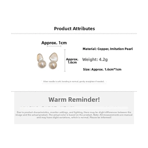 Detail view of gold brushed metal earrings with round faux pearls and size dimensions