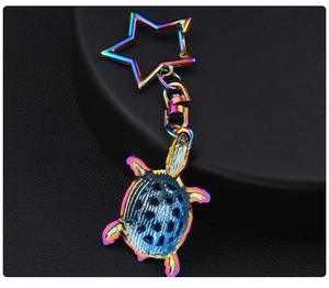 Detailed back view of iridescent turtle keychain with hollow shell and star ring