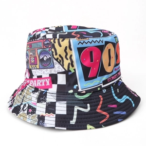 Close-up of retro 90s disco print bucket hat showing detailed stitching and colorful patterns