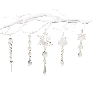Clear crystal Christmas tree ornaments set with snowflake and icicle drops on white branch
