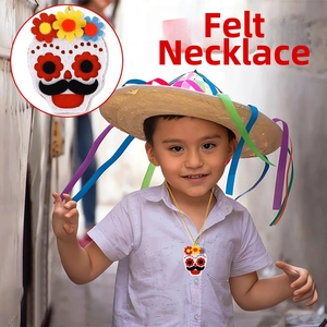 Detail of Day of the Dead felt skull necklace with colorful flowers on a gold chain
