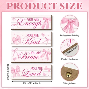 Set of 4 pink wooden wall plaques with inspirational quotes and bow decor, 29x10cm size
