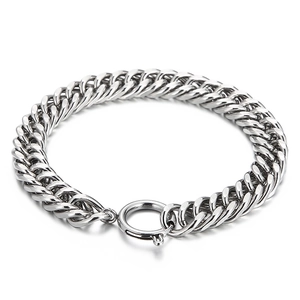 Polished silver stainless steel cuban link bracelet with classic round clasp closure