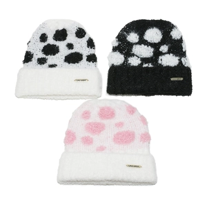 Thick knit beanies with polka dots and cow print in white, black and pink mohair fabric
