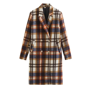 Cappotto lungo in lana a quadri da donna con motivo arancione e marrone e bottoni doppiopetto