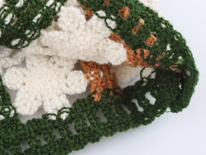 Macro close-up showing the intricate crochet knit texture and floral pattern detail