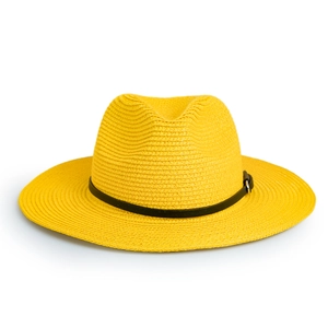Detailed weave of bright yellow straw sun hat with black belt and silver buckle accent