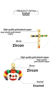 Detailed close-up of 18K gold-plated copper cross pendant with colorful zircon stones