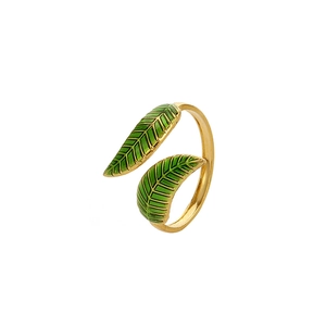 Detail of gold-plated leaf ring with green enamel finish and adjustable open band