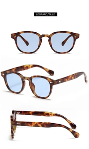 Vue en trois plans de lunettes de soleil léopard rétro avec verres bleus sous plusieurs angles