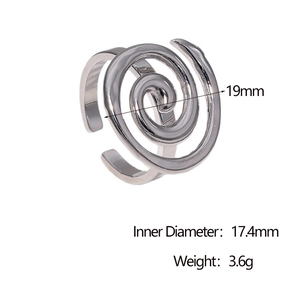 Detailed view of silver spiral ring showing 19mm width and 17.4mm inner diameter dimensions
