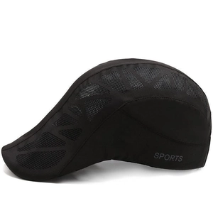 Quick-dry black mesh sports flat cap with breathable fabric and white SPORTS print
