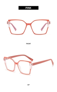 Occhiali rosa anti luce blu mostrati con vista frontale e angolazione di 45 gradi