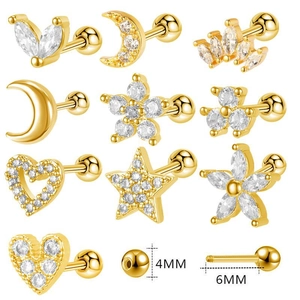 Set di 11 piercing per cartilagine dorati con zirconi a forma di cuore, stella e luna
