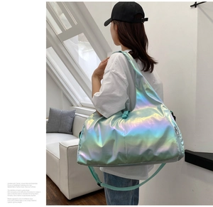 Macro detail of the holographic waterproof fabric on this stylish large travel duffel bag