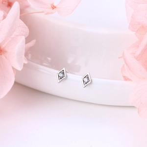 Exquisite S925 sterling silver rhombus stud earrings with micro-inlaid round zircon stones