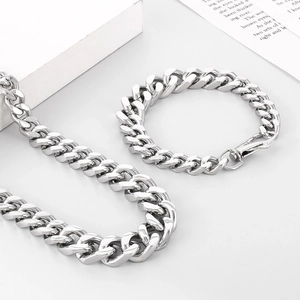 Silver Miami Cuban link chain necklace and bracelet set shown on a white display