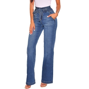 Women's high waist wide leg blue jeans with matching tie belt and straight cut fit