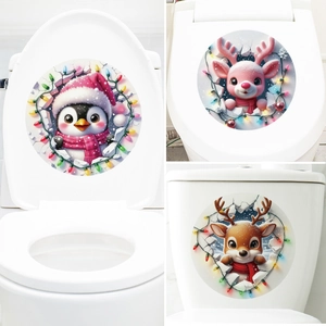 Christmas Toilet Seat Cover Sticker 3D Cartoon Reindeer Penguin PVC Removable Bathroom Decor Holiday Ornament