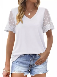 Women V Neck T Shirt Lace Patchwork Short Sleeve Casual Loose Top Soft Embroidery Mesh Stretch Fabric Breathable Summer