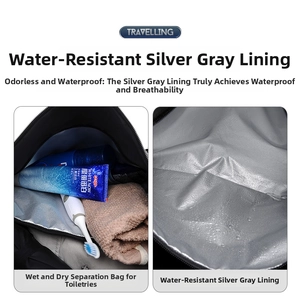 Detail of travel bag dry wet separation pocket with silver waterproof lining and toiletries