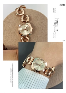 Detail of rose gold quartz watch with square dial and hollow metal link bracelet