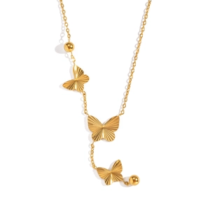 Detailed view of golden butterfly necklace with Y-shaped chain and textured wings