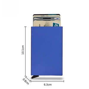 Blue RFID blocking metal card holder with pop-up design and compact dimensions shown