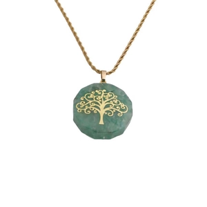 Green stone necklace with tree of life pendant on a gold braided chain jewelry