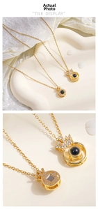 Macro shot of 18K gold crown pendant necklace featuring a black projection stone detail