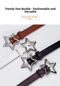 Detail of slim PU leather belts with star-shaped silver buckles in four classic colors