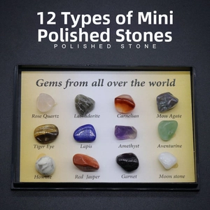 Top view of 12 polished mini natural gemstone specimens in a labeled black display box