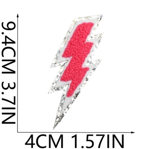 Detailed size map of lightning bolt embroidery patch in magenta chenille and silver glitter