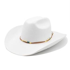 White wool felt jazz hat with wide brim and beaded leather band in Western style
