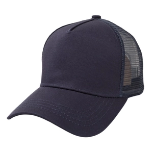 Detail view of navy blue truck cap with breathable nylon mesh and curved brim