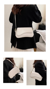 Detailed views of a white leather crossbody bag with adjustable strap on a black blazer