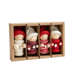 4er-Set Weihnachts-Holzzwerge mit roten Strickmützen und Pullovern in einer Geschenkbox