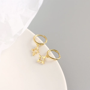 Detailed view of gold star hoop earrings with sparkling zircon crystals on neutral backdrop