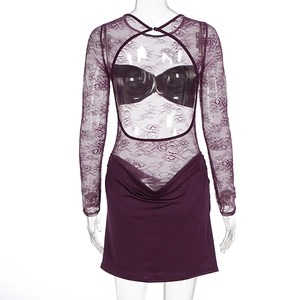Detailed view of dark purple floral lace and elegant circular back cutout on a mini dress