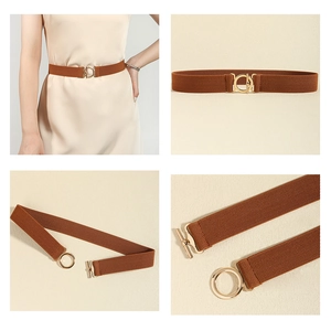 Detail of a brown elastic waist belt with a golden interlocking buckle on a dress