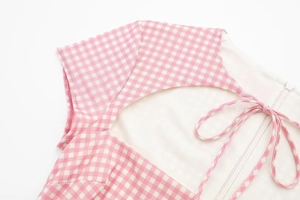 Detailed back view of pink plaid dress with lace-up bow and hidden zipper closure