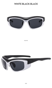 Detailed views of Y2K sports sunglasses in black and white frame with dark grey lenses