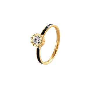 Bague élégante en acier doré avec chiffres romains, émail noir et centre en zircon