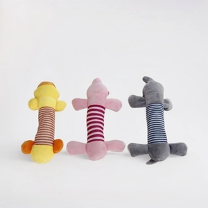 Three long plush dinosaur dog toys in yellow, pink and grey with soft striped texture